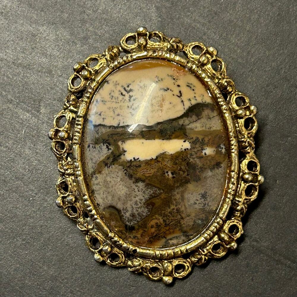 Vintage Jasper‎ Cabochon Landscape Brooch Bezel Set in Gold Tone Metal Frame